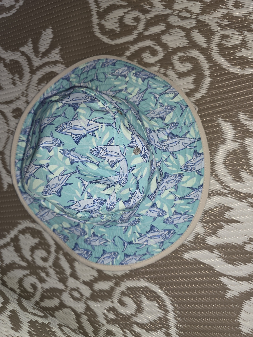 Vineyard Vines Aqua Fish Print Bucket Hat with Tan Brim